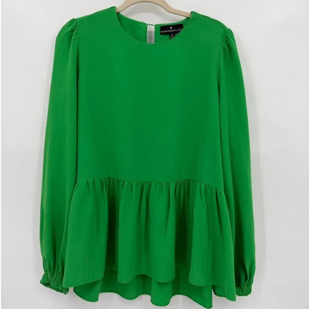 Pomander Place Carlota Peplum Blouse Emerald Green Size Medium